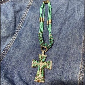 Country Cross necklace - turquoise and crystal beads